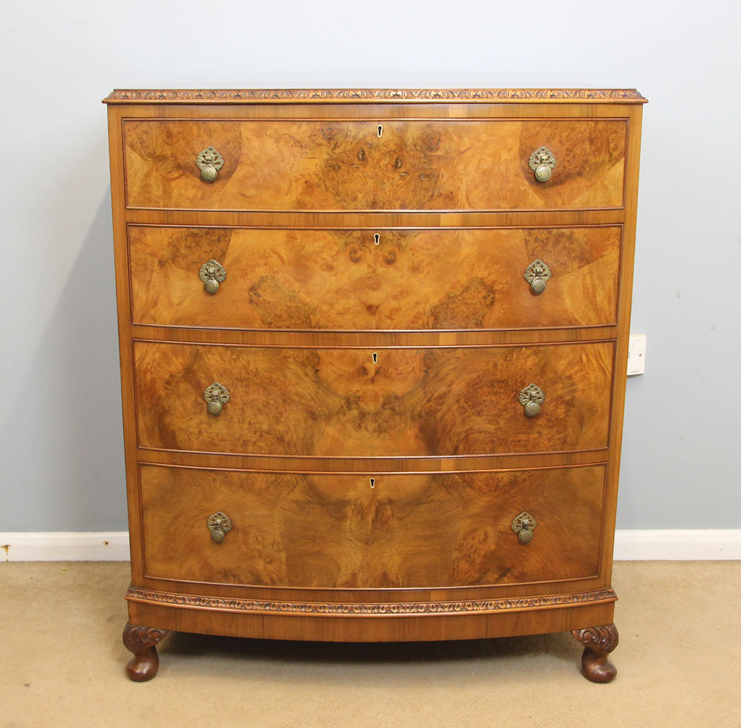 12259r14 Quality Antique Bow Front Burr Walnut Chest of Drawers,