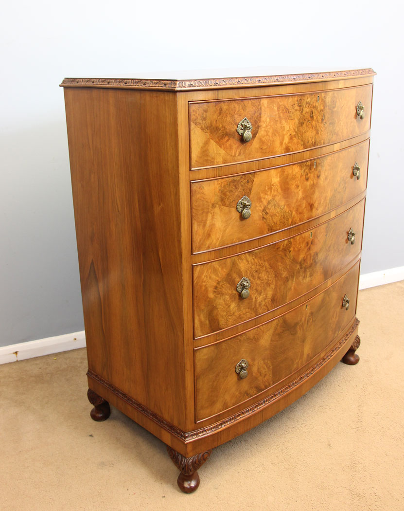 12259r2 Quality Bow Front Burr Walnut Chest of Drawers,