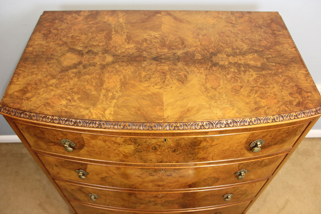 12259r3 Quality Antique Bow Front Burr Walnut Chest of Drawers,