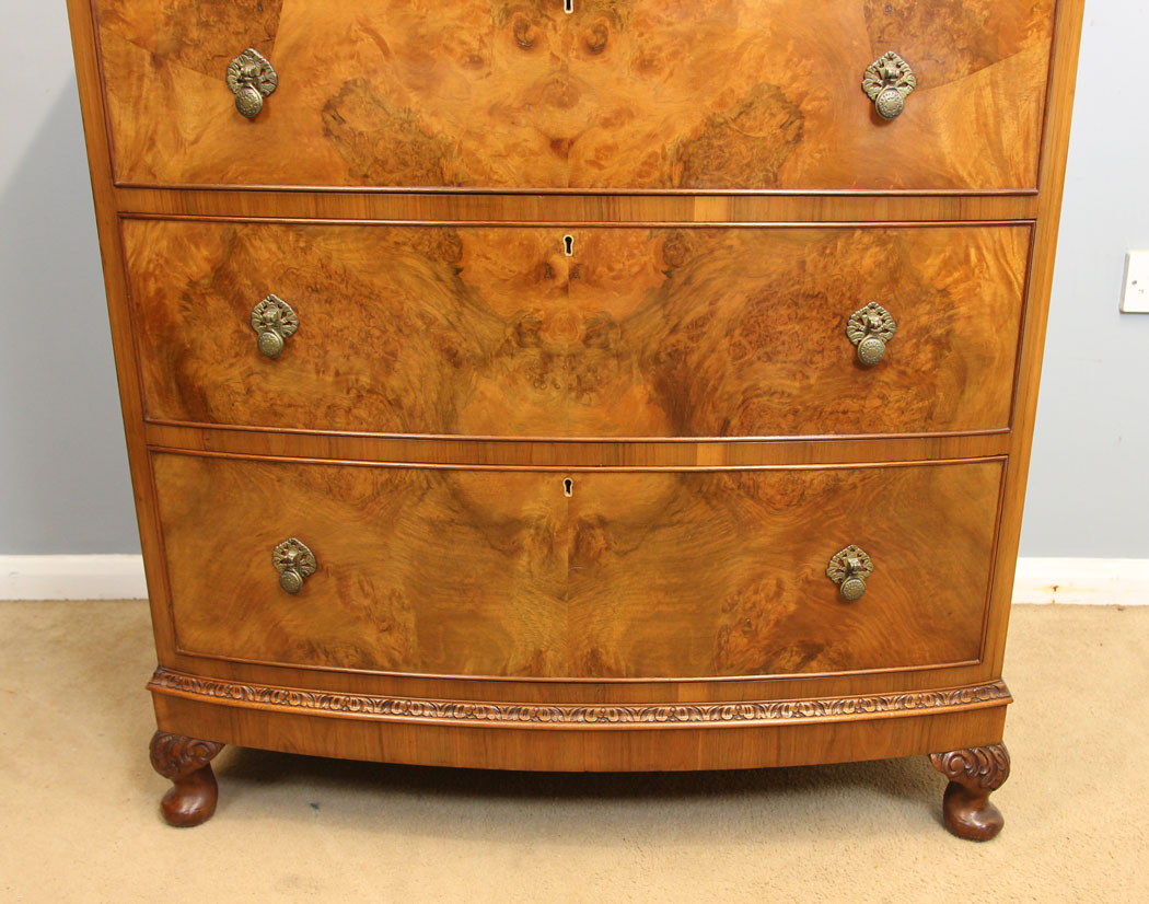 12259r4 Quality Antique Bow Front Burr Walnut Chest of Drawers,