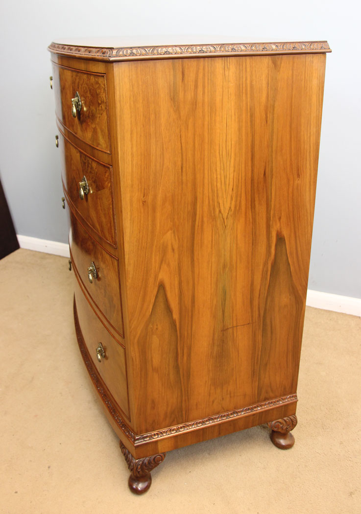 12259r5 Quality Antique Bow Front Burr Walnut Chest of Drawers,