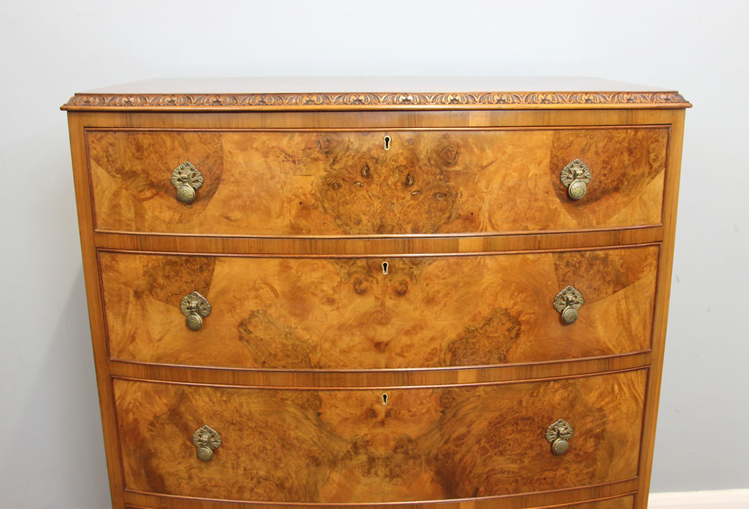 12259r7 Quality Antique Bow Front Burr Walnut Chest of Drawers,