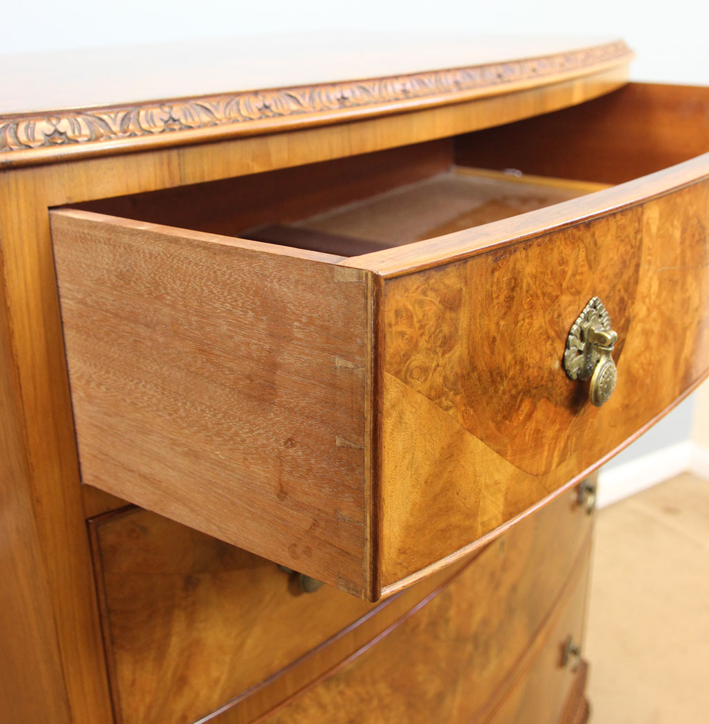 12259r8 Quality Antique Bow Front Burr Walnut Chest of Drawers,