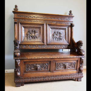 Antique 19th Century Carved Monks Bench Oak Settle
