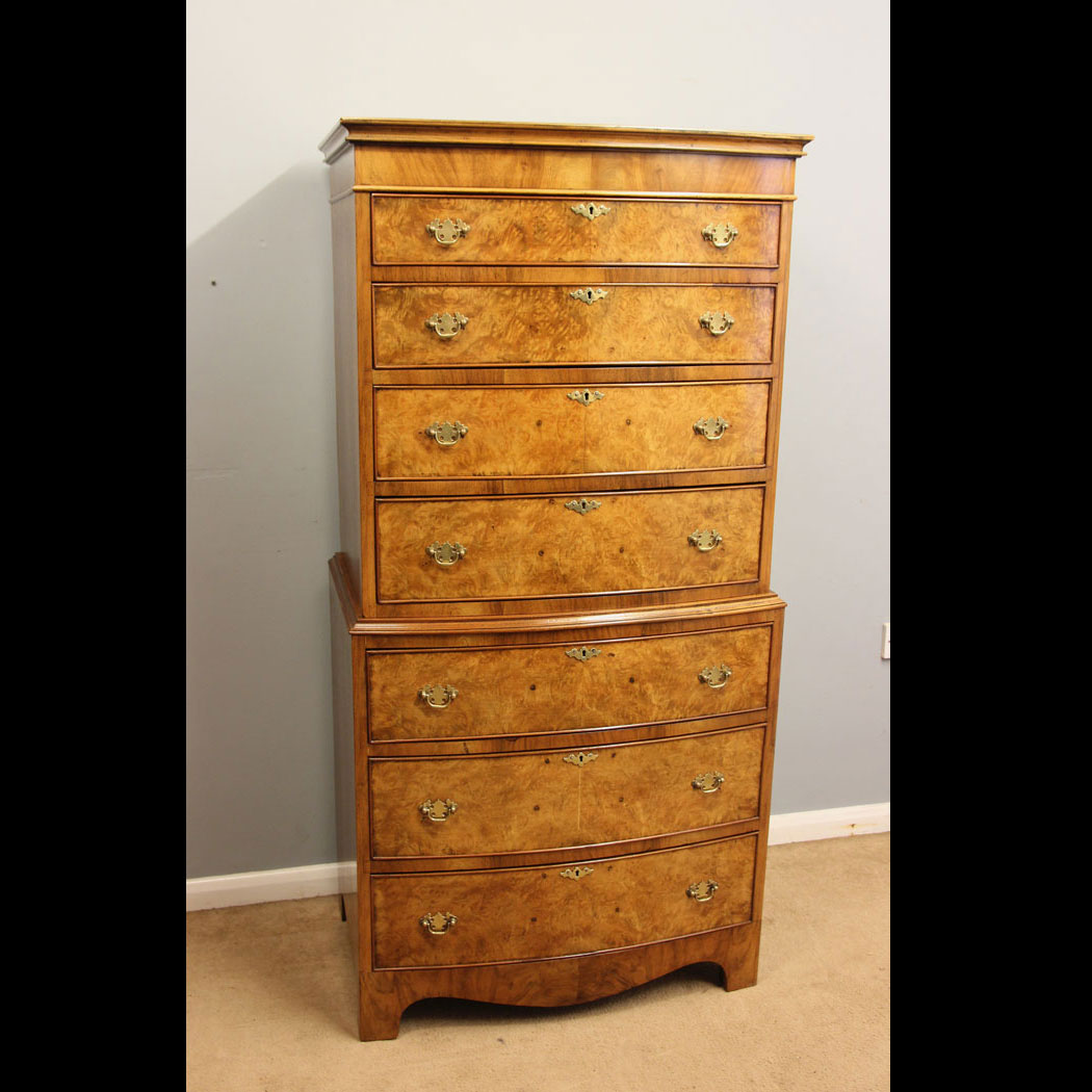 12266r01 Burr Walnut Antique Bow Front Tallboy Chest Drawers, Burr Walnut Antique Bow Front Tallboy Chest on Chest Drawers