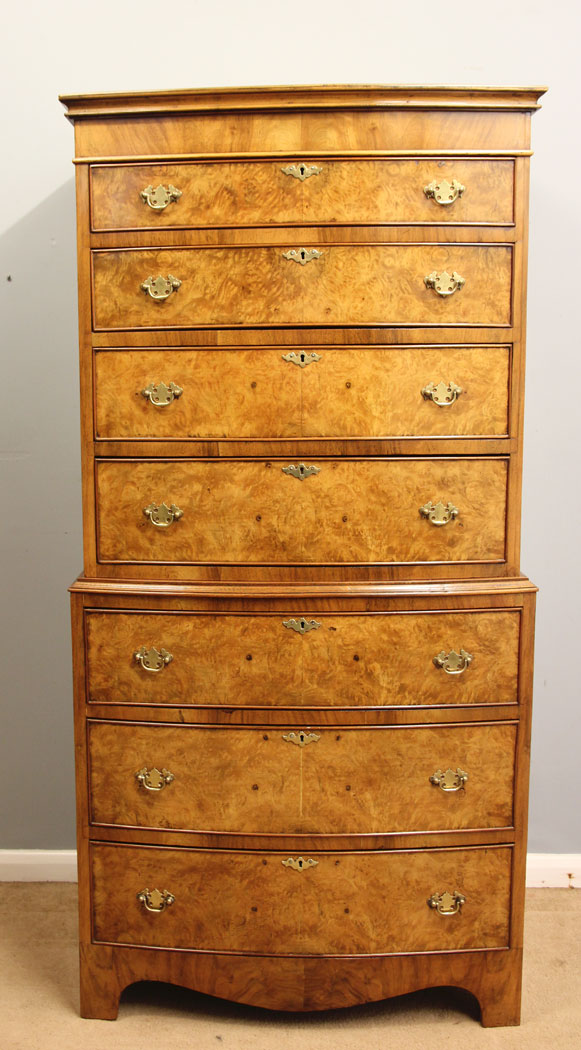 12266r08 Burr Walnut Antique Bow Front Tallboy Chest Drawers,