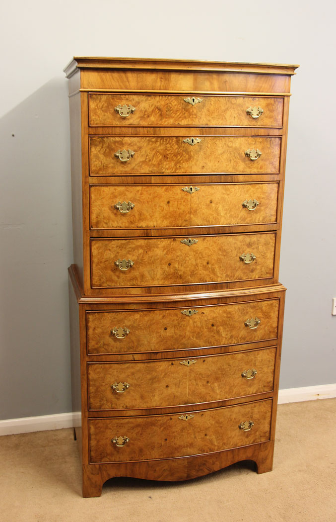 12266r1 Burr Walnut Antique Bow Front Tallboy Chest Drawers,