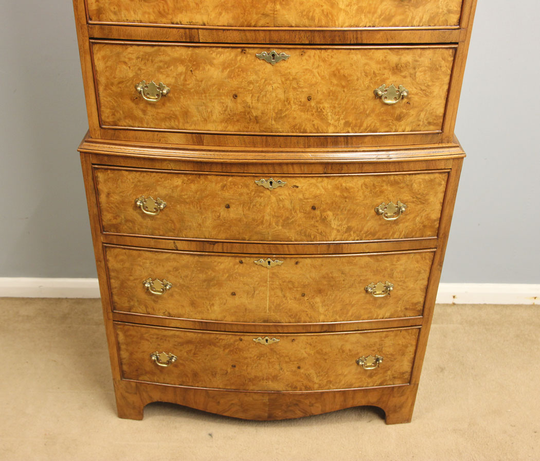 12266r10 Burr Walnut Antique Bow Front Tallboy Chest Drawers,