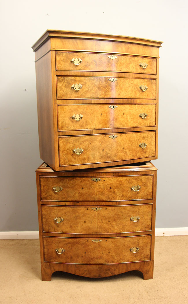 12266r11 Burr Walnut Antique Bow Front Tallboy Chest Drawers,