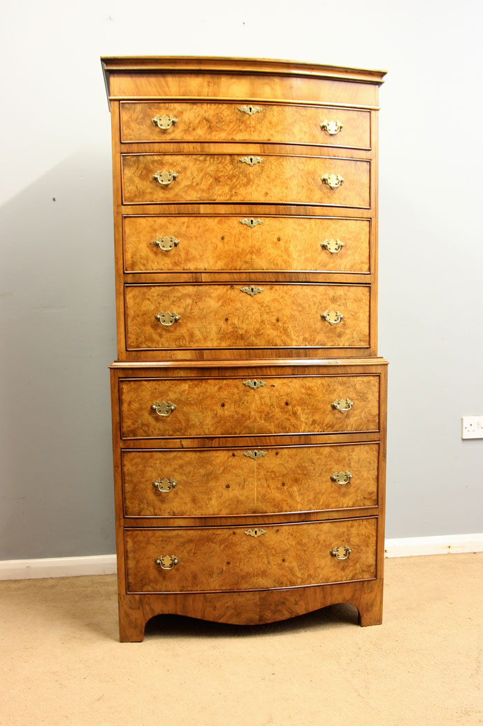 12266r2 Burr Walnut Antique Bow Front Tallboy Chest Drawers,