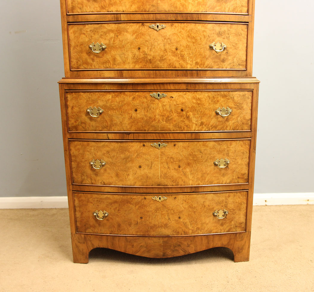 12266r3 Burr Walnut Antique Bow Front Tallboy Chest Drawers,
