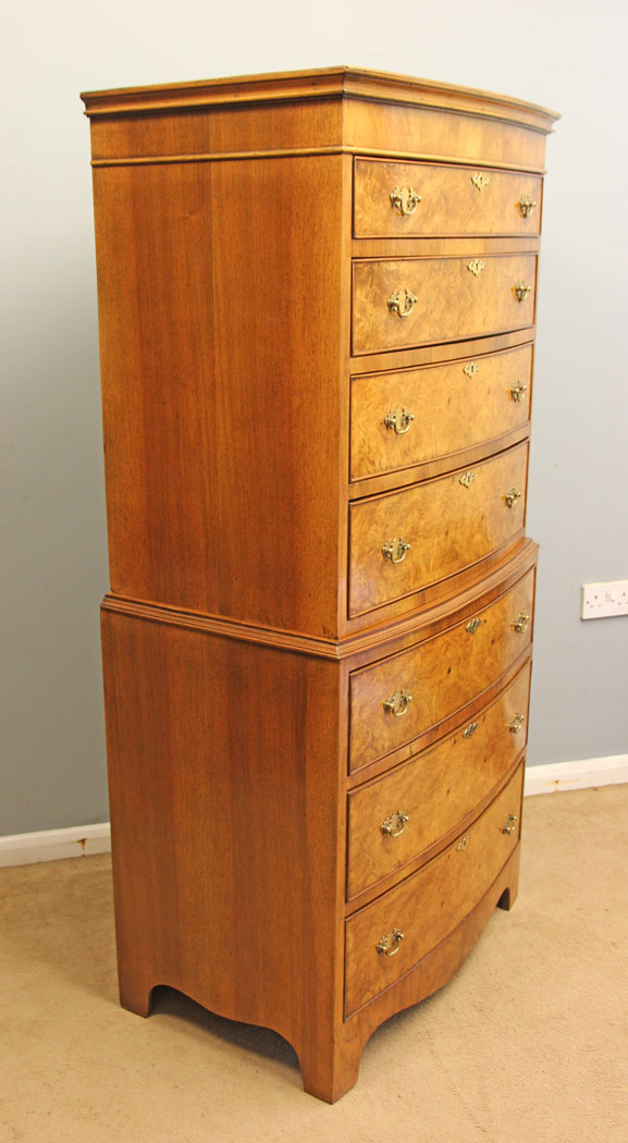 12266r4 Burr Walnut Antique Bow Front Tallboy Chest Drawers,