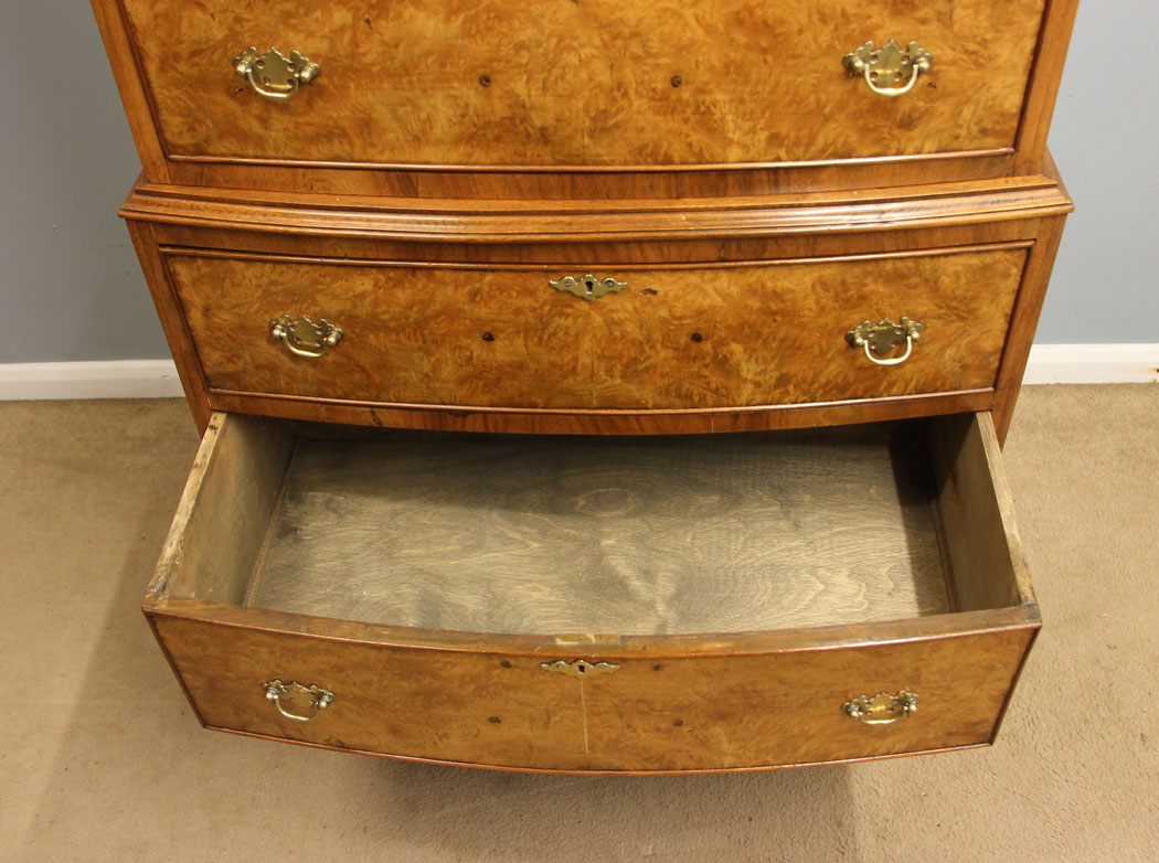 12266r6 Burr Walnut Antique Bow Front Tallboy Chest Drawers,