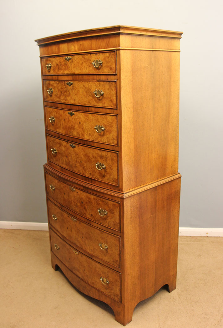 12266r7 Burr Walnut Antique Bow Front Tallboy Chest Drawers,