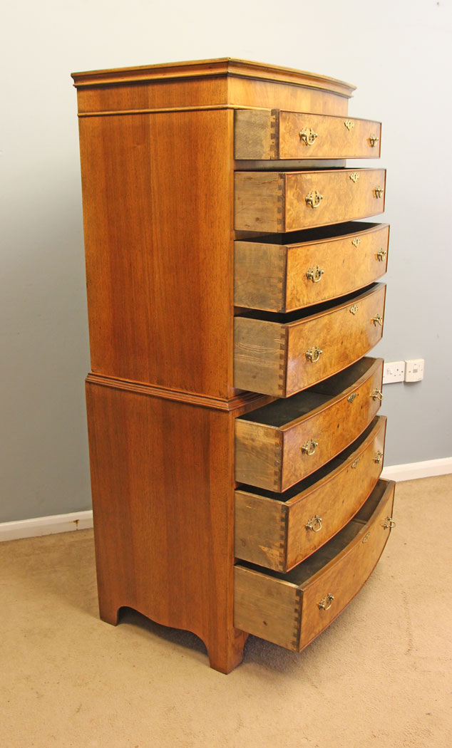 12266r8 Burr Walnut Antique Bow Front Tallboy Chest Drawers,