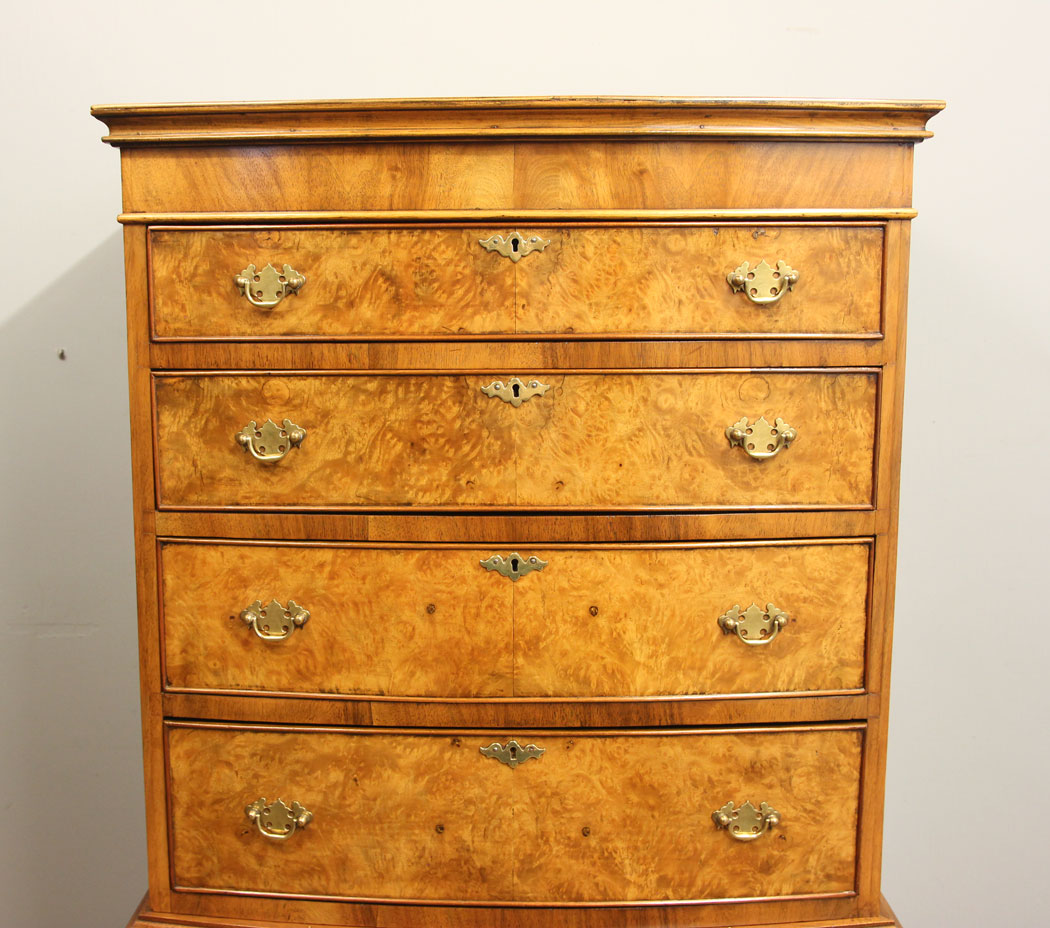 12266r9 Burr Walnut Antique Bow Front Tallboy Chest Drawers,