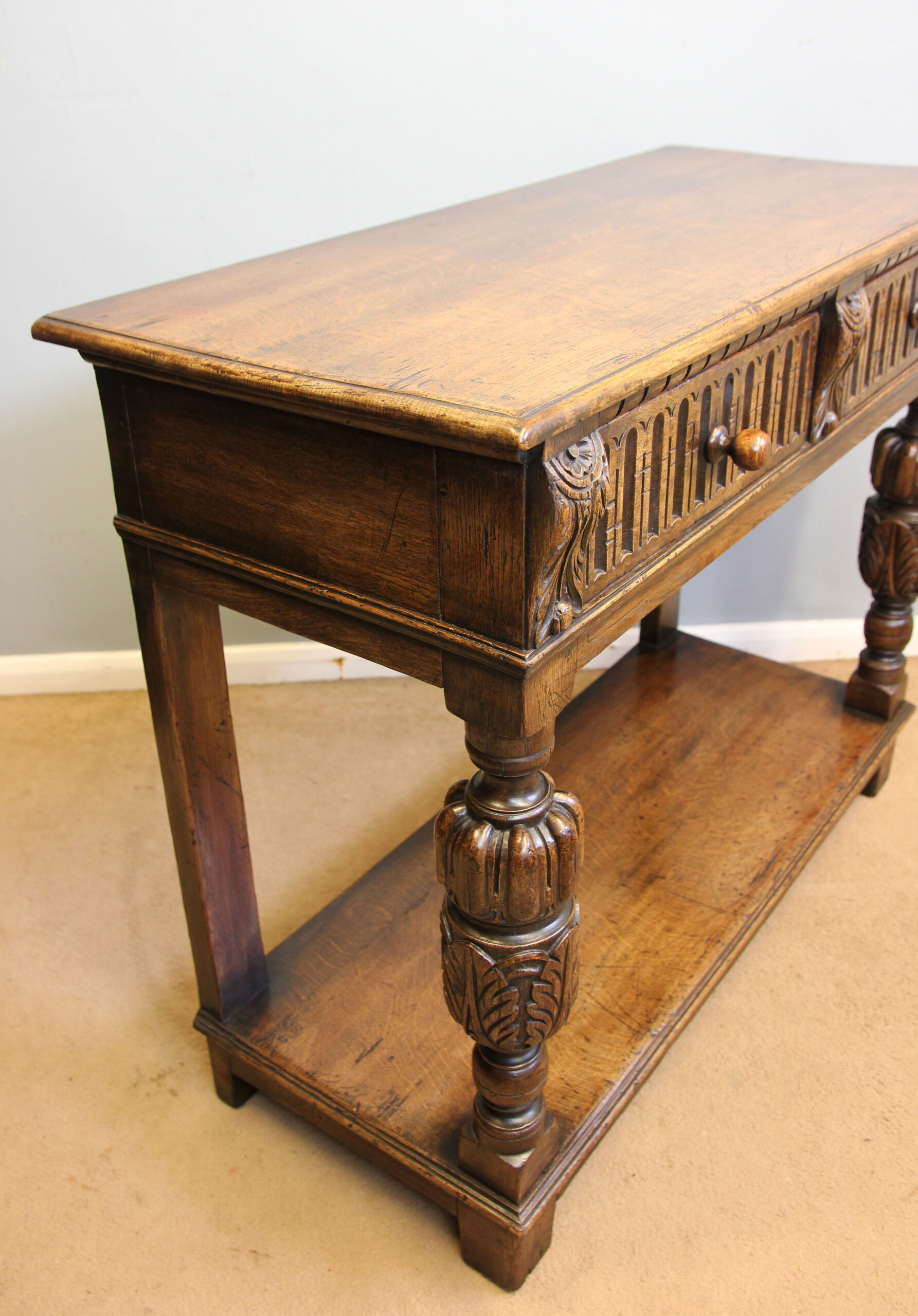 12273r11 Antique Oak Two Drawer Serving Side Table,