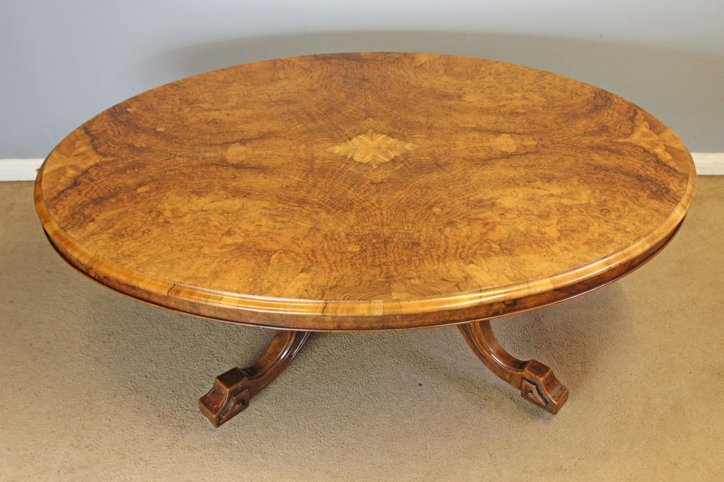 12275r21 Antique Victorian Burr Walnut Oval Coffee Table, Victorian Burr Walnut Oval Coffee Table