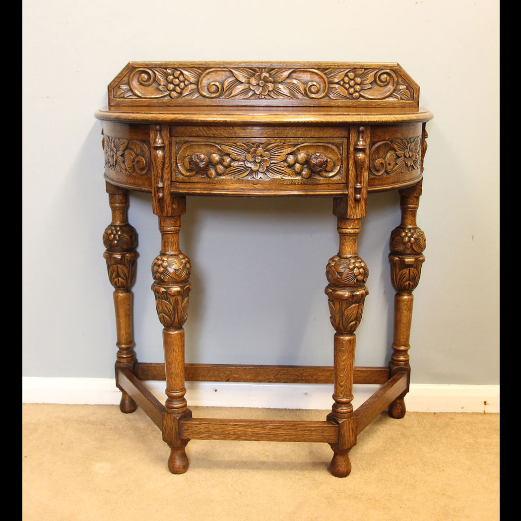 12209r01 Antique Carved Oak Demi Lune Side Table, Antique Jacobean Style Carved oak Demi Lune Side Table
