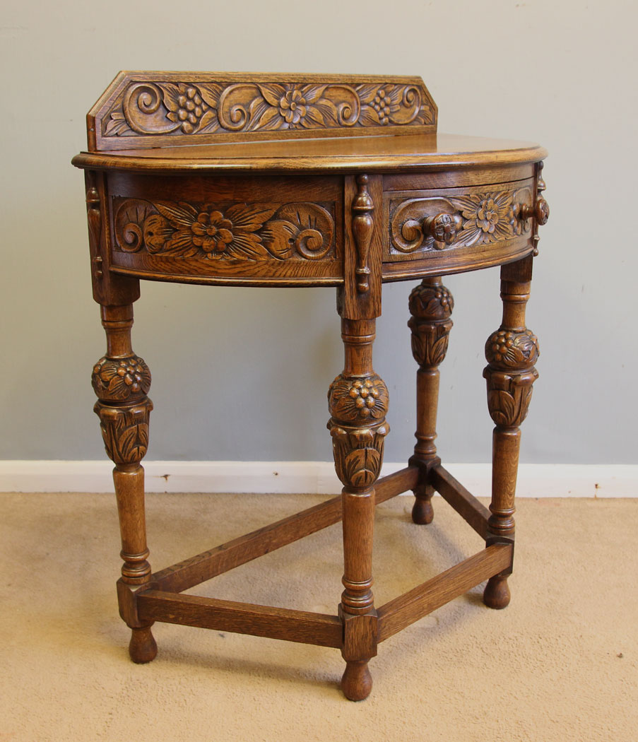 12209r3 Antique Carved Oak Demi Lune Side Table,
