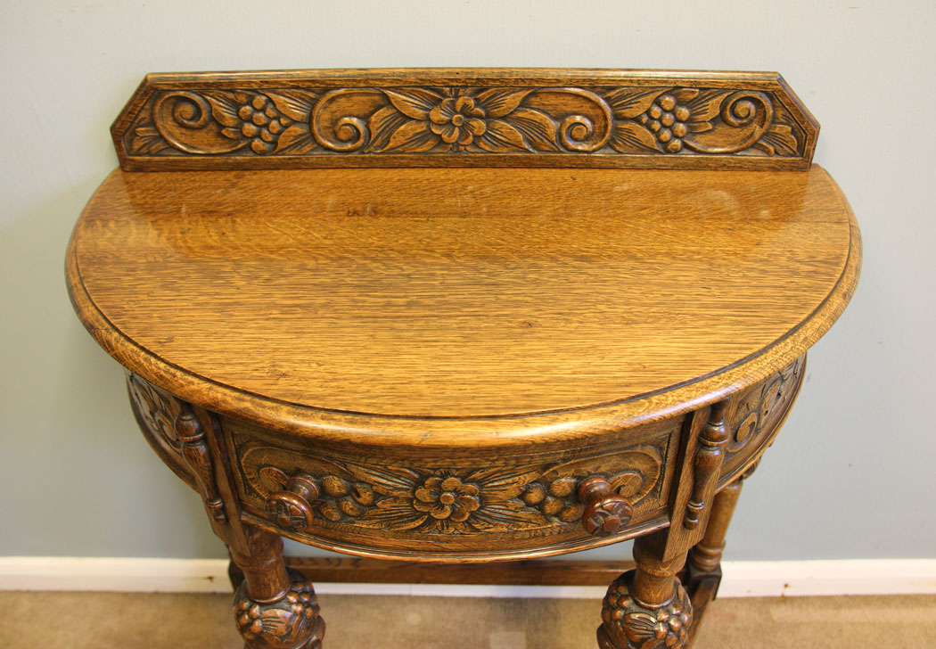 12209r4 Antique Carved Oak Demi Lune Side Table,