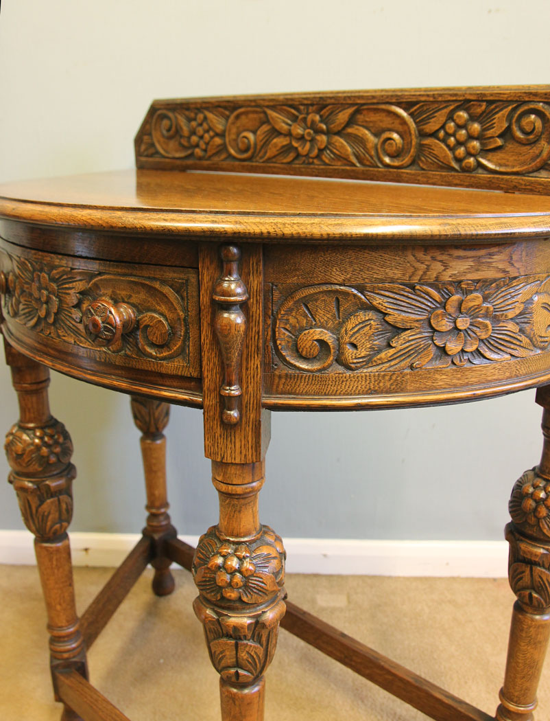 12209r5 Antique Carved Oak Demi Lune Side Table,