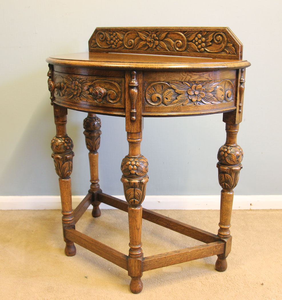 12209r6 Antique Carved Oak Demi Lune Side Table,