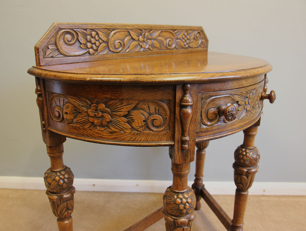 12209r7 Antique Carved Oak Demi Lune Side Table,