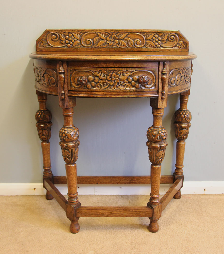 12209r8 Antique Carved Oak Demi Lune Side Table,