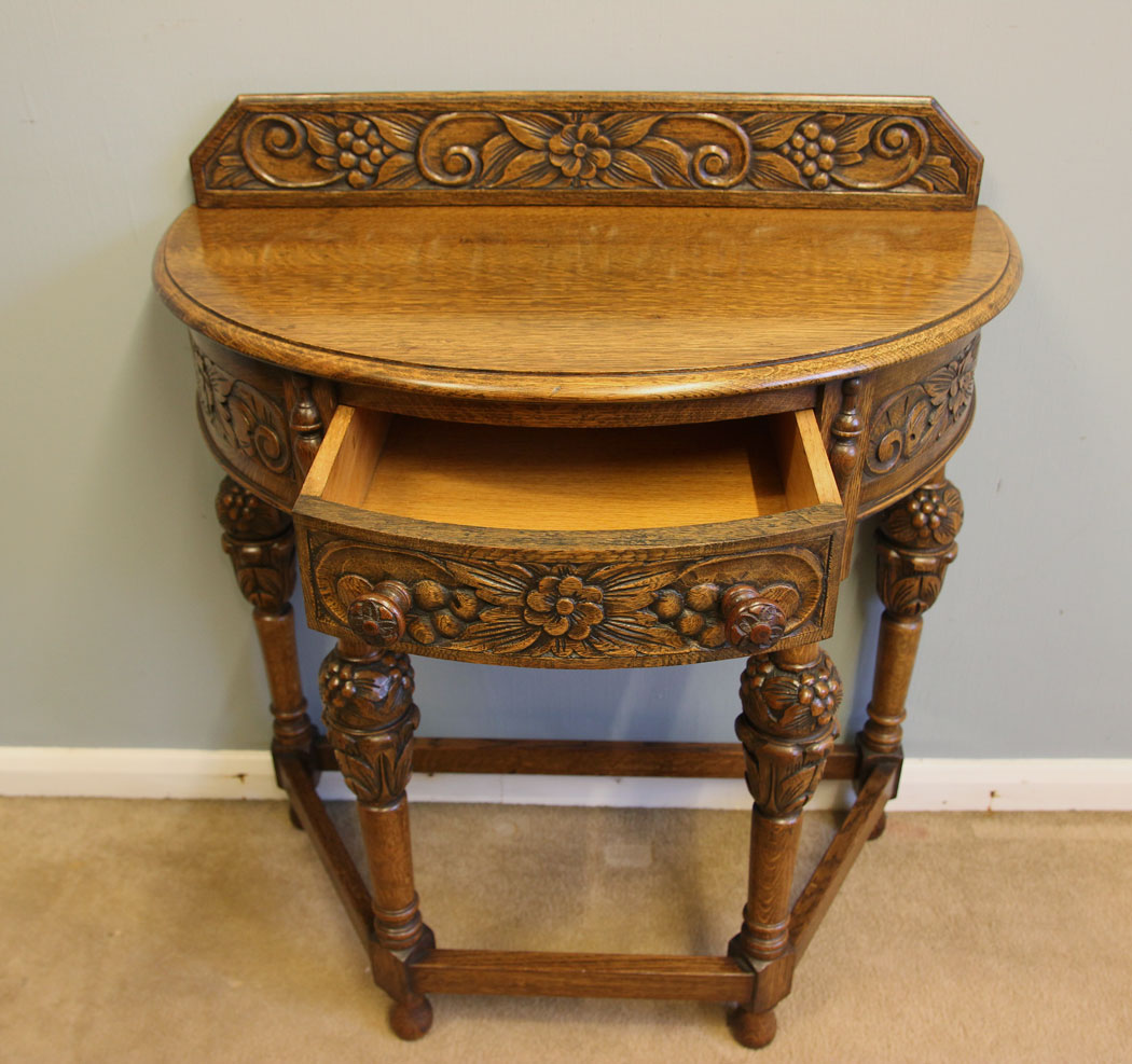 12209r9 Antique Carved Oak Demi Lune Side Table,