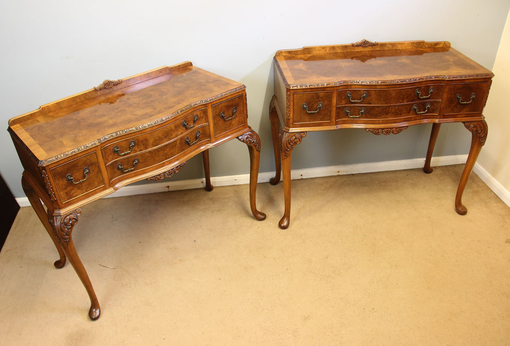 12314r2 Antique Quality Pair Burr Walnut Console Side Tables,