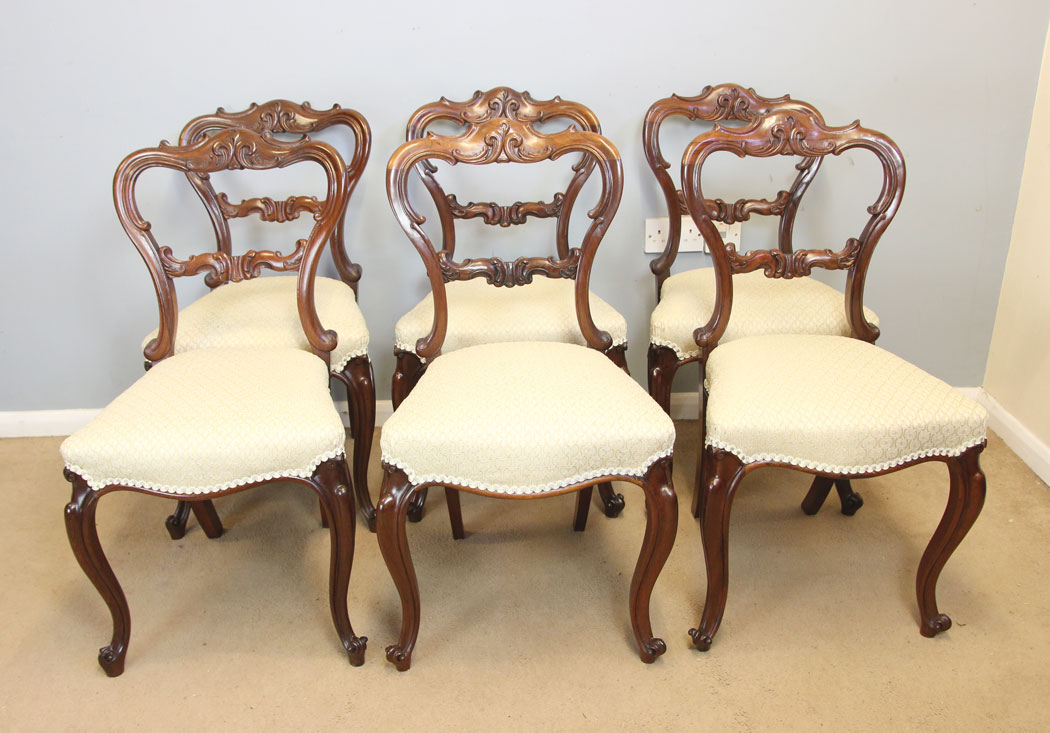 12315r2 Antique Set Six Victorian Balloon Back Dining Chairs,