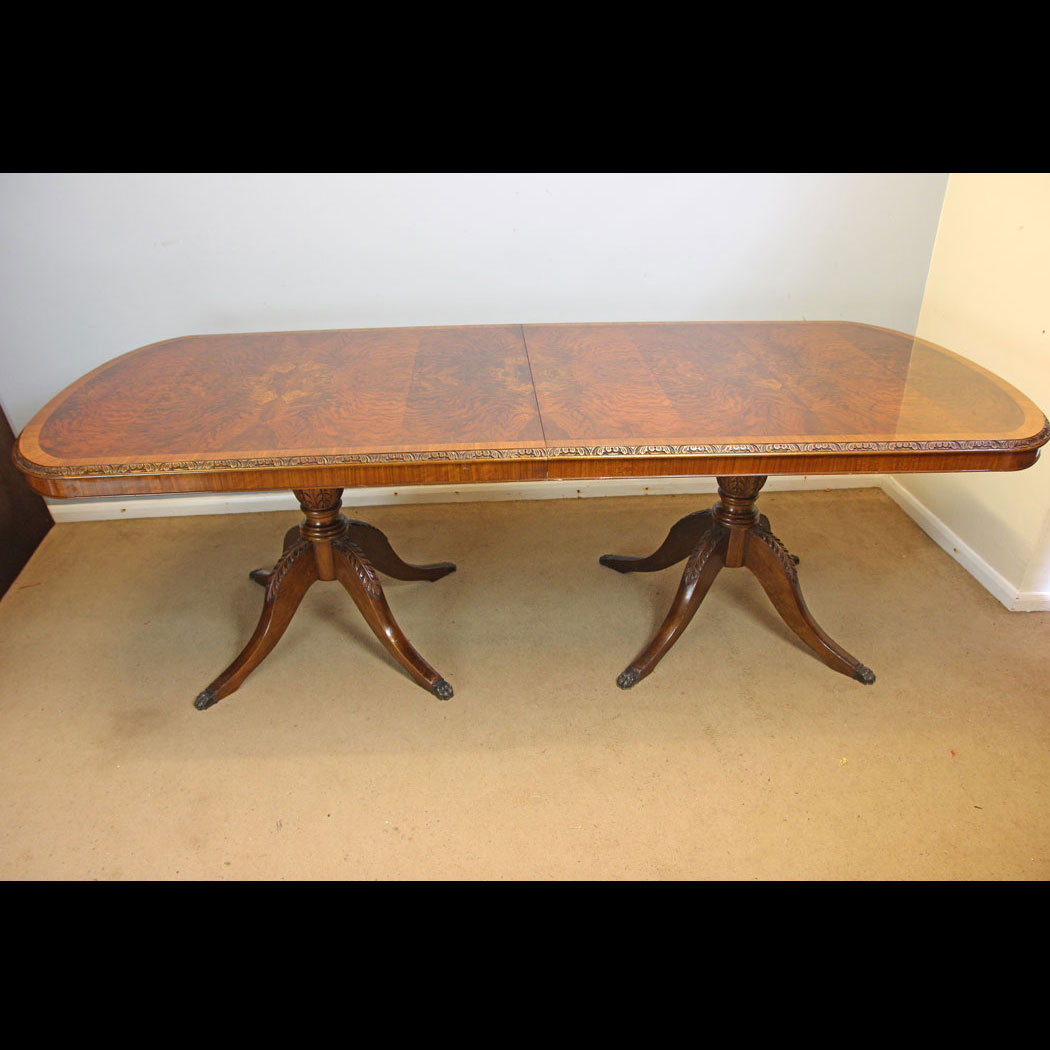 12316r01 Georgian Style Figured Walnut Twin Pillar Extending Dining Table, Georgian Style Figured Walnut Large Twin Pillar Extending Dining Table