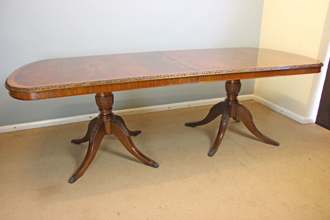 12316r3 Georgian Style Figured Walnut Twin Pillar Extending Dining Table,