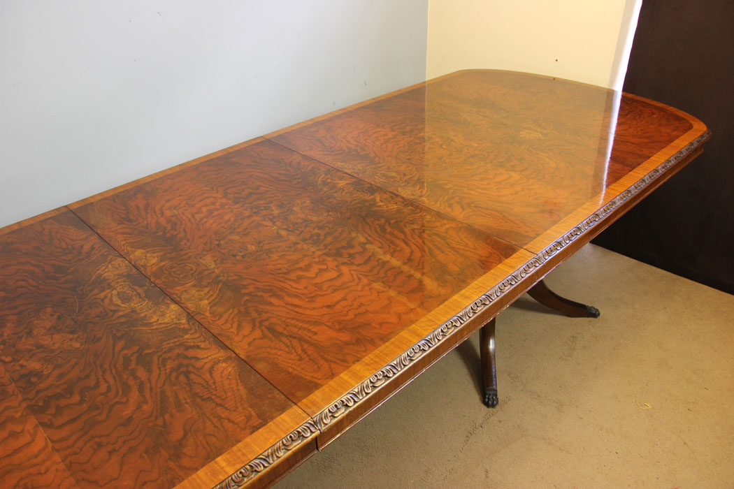 12316r6 Large Georgian Style Figured Walnut Twin Pillar Extending Dining Table,