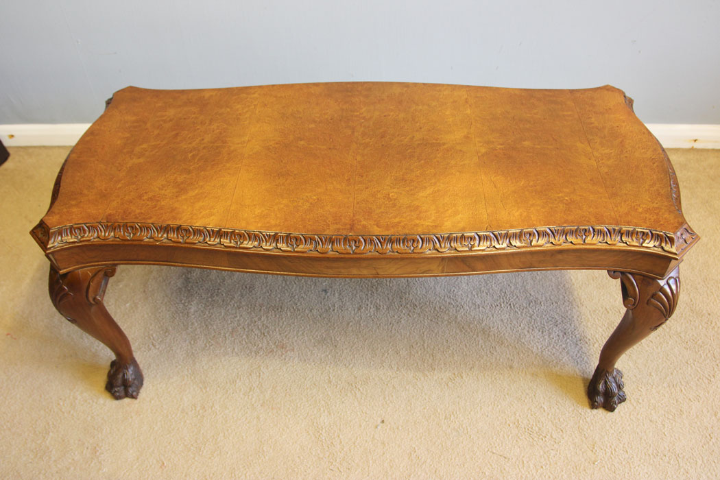 12329r3 Antique Burr Walnut Coffee Table, Antique Burr Walnut Shaped Coffee Table