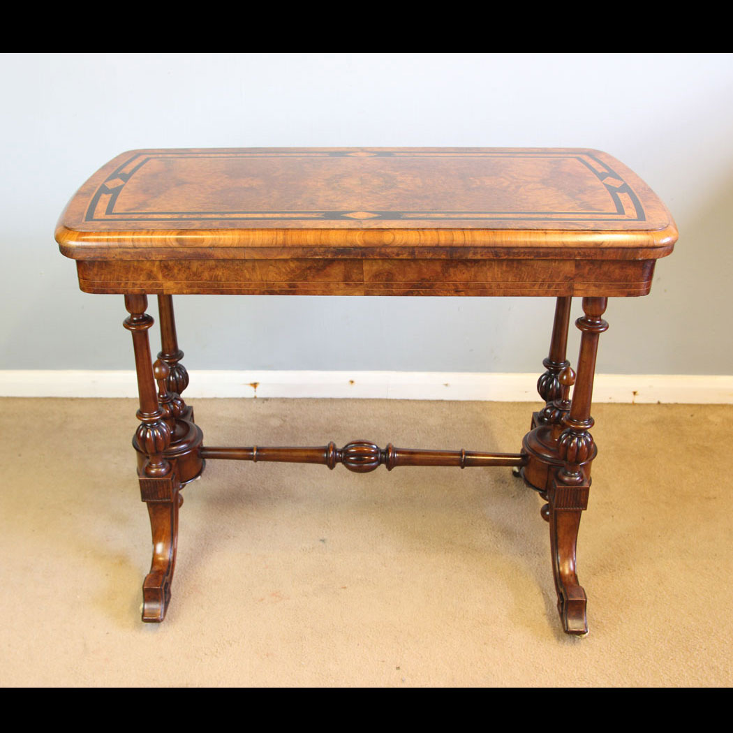 12338r01 Antique Victorian Burr Walnut Inlaid Card Games Table, Antique Victorian Burr Walnut Inlaid Card Games Table