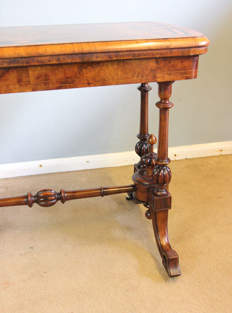 12338r10 Antique Victorian Burr Walnut Inlaid Card Games Table, Victorian Burr Walnut Inlaid Card Games Table