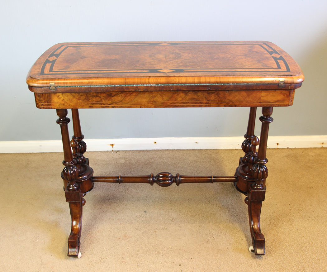 12338r12 Antique Victorian Burr Walnut Inlaid Card Games Table, Victorian Burr Walnut Inlaid Card Games Table