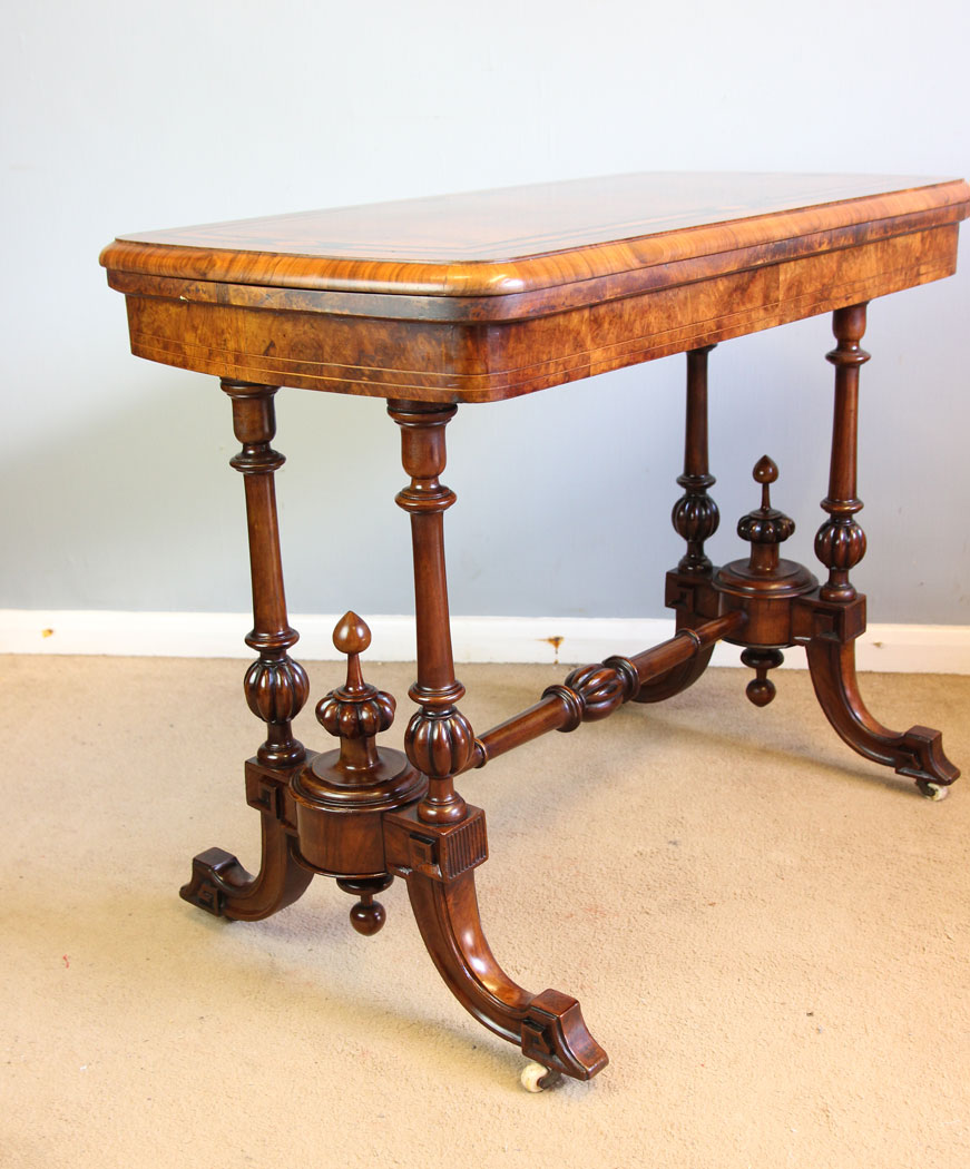 12338r13 Antique Victorian Burr Walnut Inlaid Card Games Table, Victorian Burr Walnut Inlaid Card Games Table