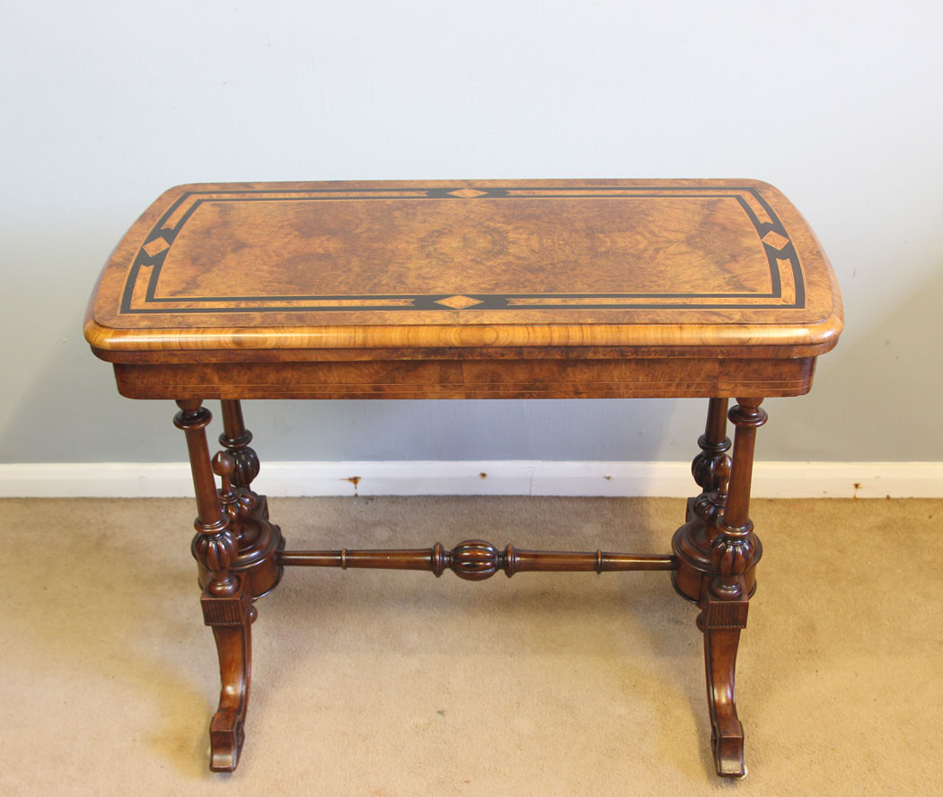 12338r14 Antique Victorian Burr Walnut Inlaid Card Games Table, Victorian Burr Walnut Inlaid Card Games Table