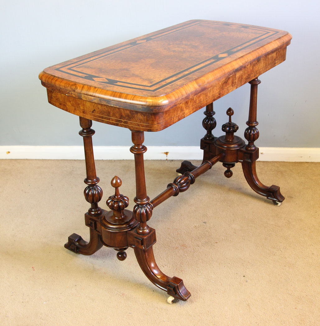 12338r2 Antique Victorian Burr Walnut Inlaid Card Games Table, Victorian Burr Walnut Inlaid Card Games Table