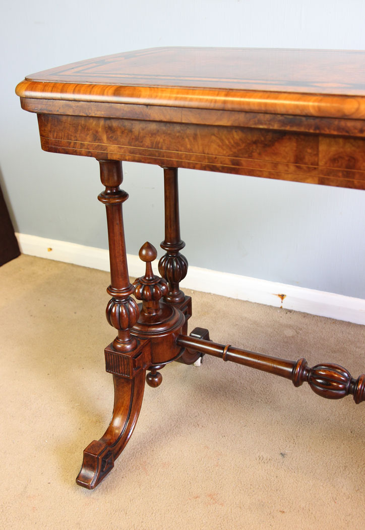 12338r3 Antique Victorian Burr Walnut Inlaid Card Games Table, Victorian Burr Walnut Inlaid Card Games Table