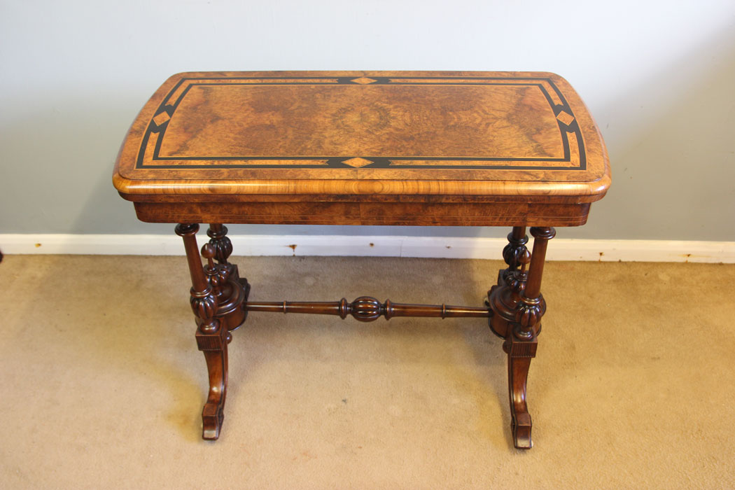 12338r4 Antique Victorian Burr Walnut Inlaid Card Games Table, Victorian Burr Walnut Inlaid Card Games Table
