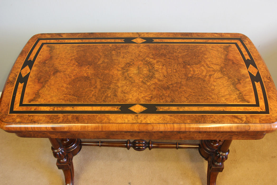 12338r5 Antique Victorian Burr Walnut Inlaid Card Games Table, Victorian Burr Walnut Inlaid Card Games Table