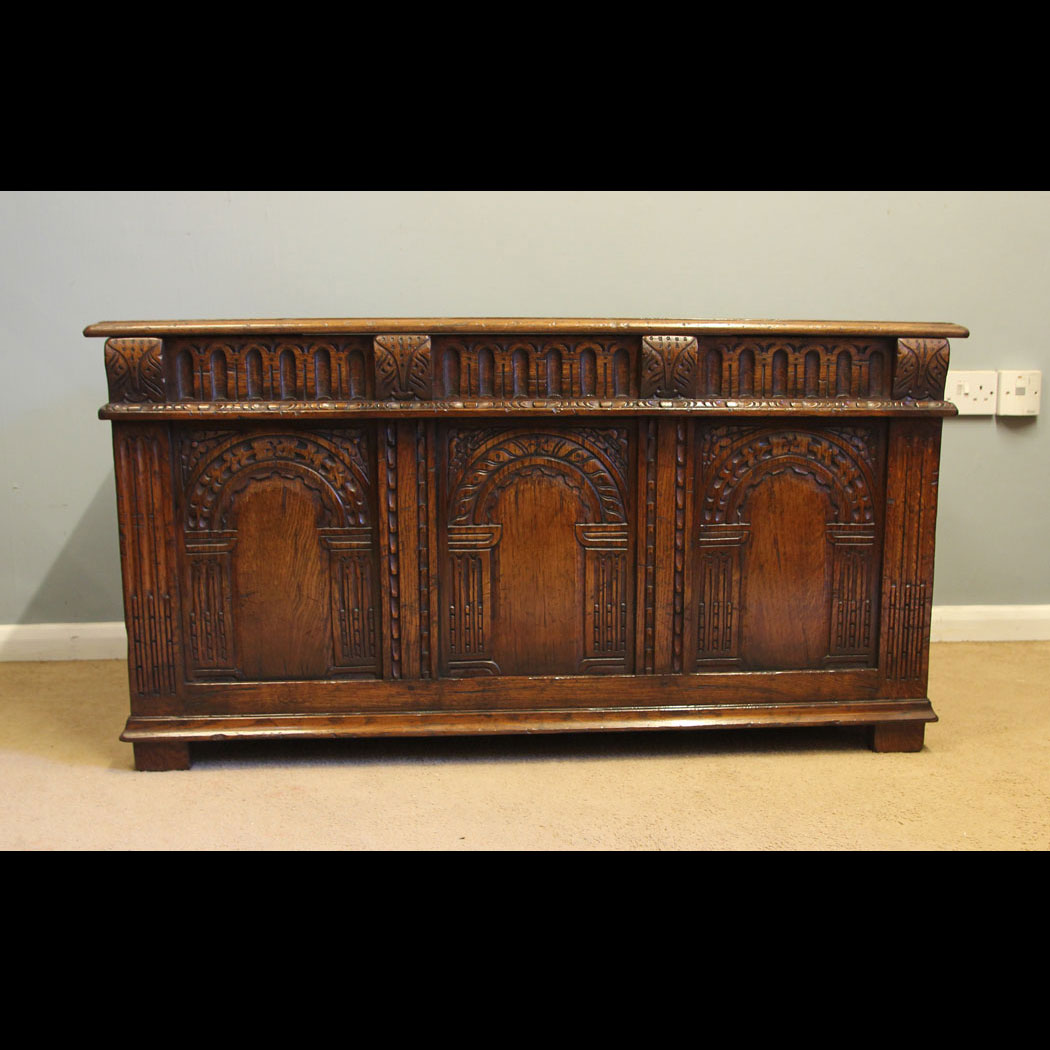 12353r01 Antique Carved Oak Coffer Blanket Chest, Antique Carved Oak Coffer Blanket Chest