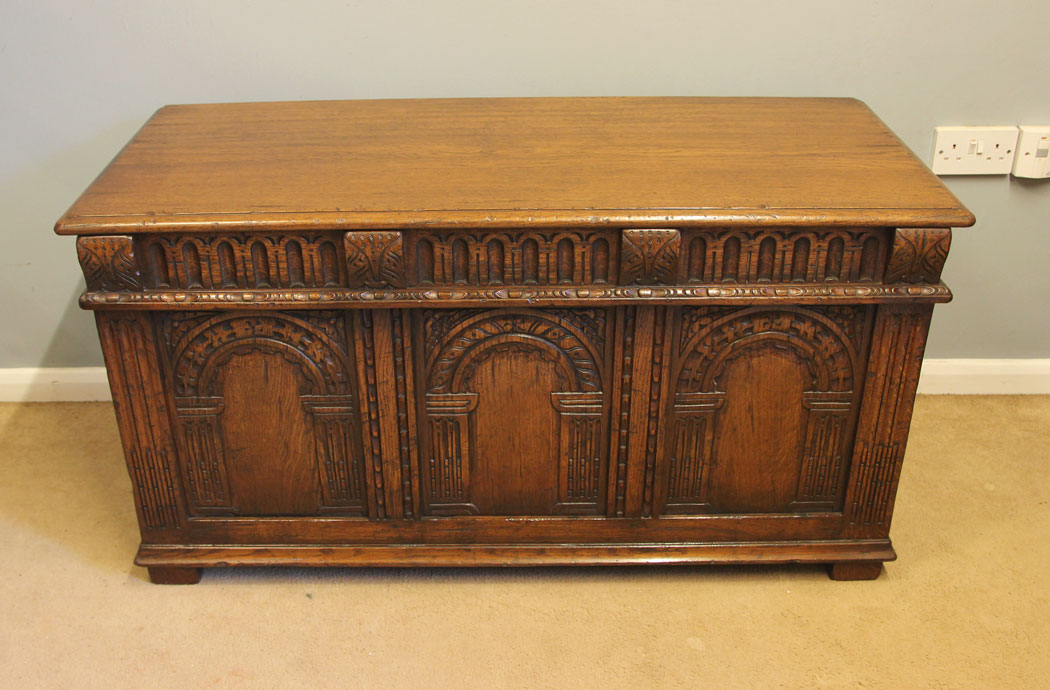 12353r10 Antique Carved Oak Coffer Blanket Chest, Antique Carved Oak Coffer Blanket Chest