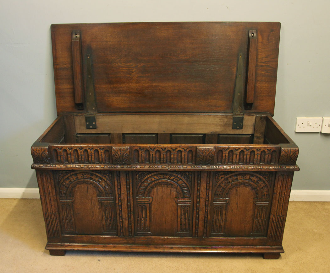 12353r13 Antique Carved Oak Coffer Blanket Chest, Antique Carved Oak Coffer Blanket Chest