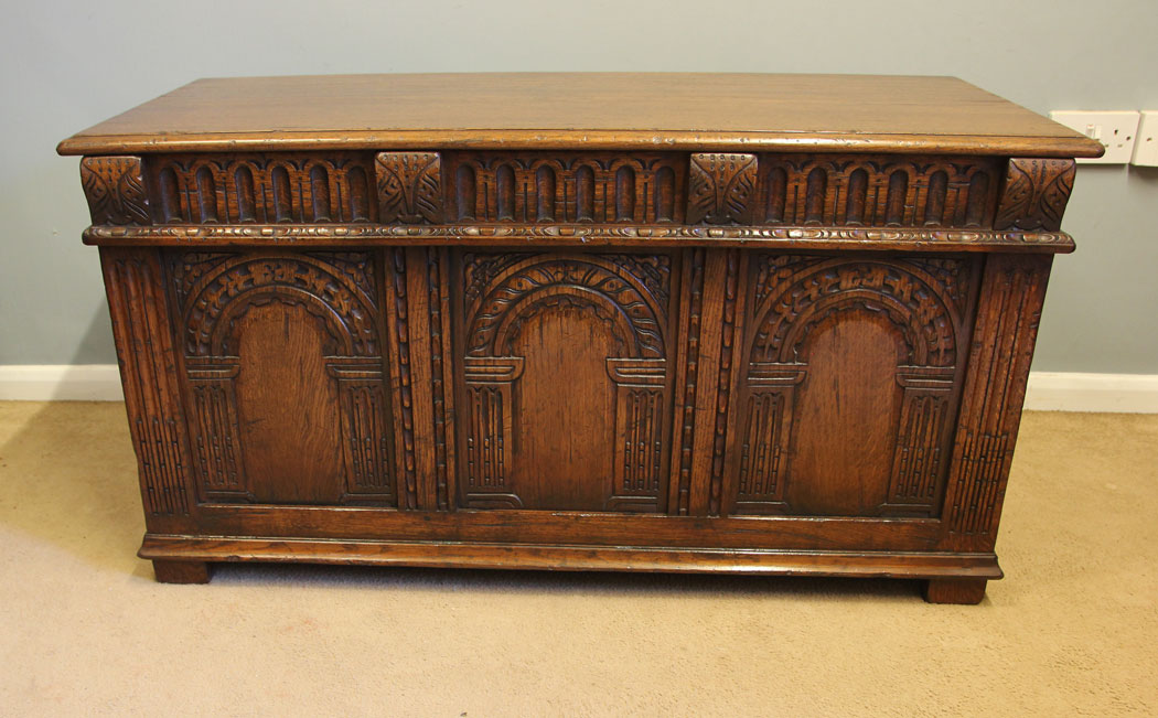 12353r2 Antique Carved Oak Coffer Blanket Chest, Antique Carved Oak Coffer Blanket Chest