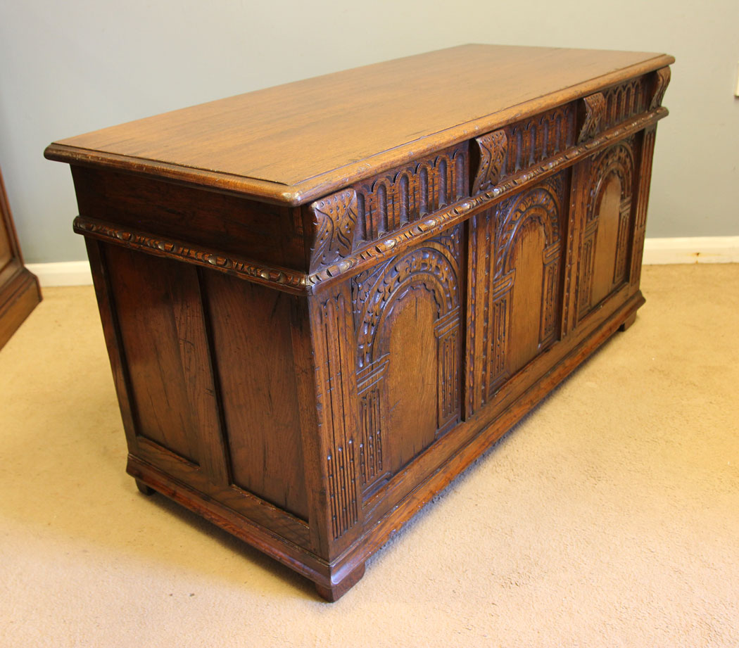 12353r3 Antique Carved Oak Coffer Blanket Chest, Antique Carved Oak Coffer Blanket Chest